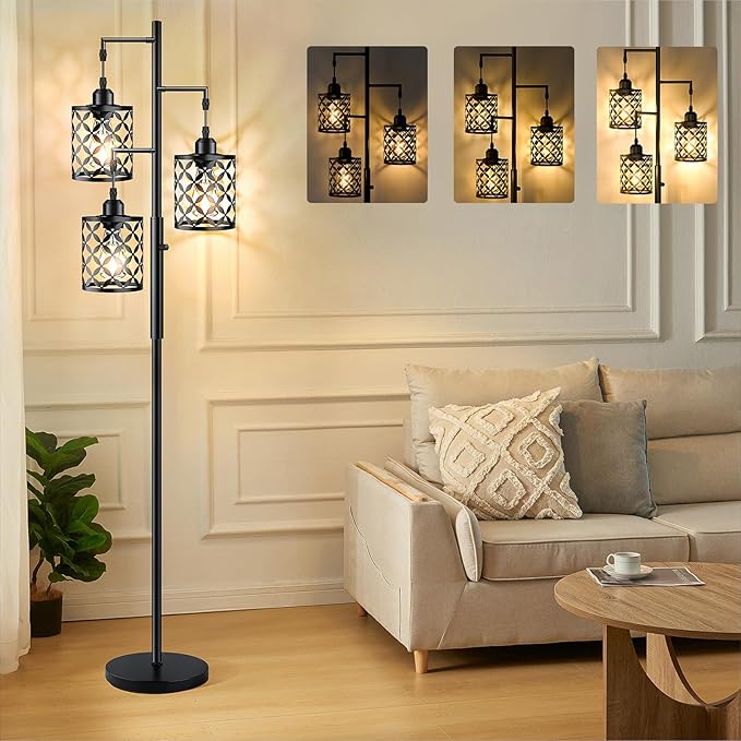 【Upgraded】72" Tall Dimmable Floor Lamp, Farmhouse Standing Lamp with Elegant Metal Cages, Industrial Tree Floor Lamps for Living Room, Bedroom, Study Room, Office (3 x 800LM LED Bulbs Included) -Black