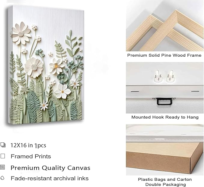 3 Pcs Sage Green Wildflowers Canvas Wall Art Neutral Minimalist Abstract Boho Floral Botanical Painting Pictures Wall Decor Poster Print Artwork for Living Room Bedroom Home Decoration