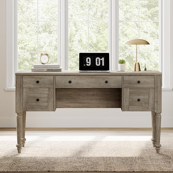 WAMAPT Farmhouse Executive Desk with 5 Drawers, Home Office Desk with Charging Station, Wood Computer Desk with File Cabinet Storage, Door, Open Shelf for Work and Study, Wash Grey, 55 inch