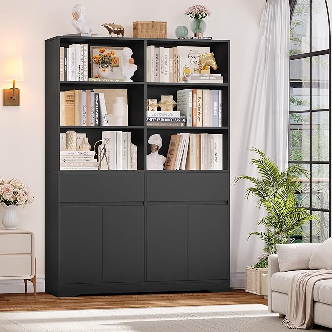 FINETONES 69" Black Bookshelf with Doors, 47.2" Double Wide Bookshelves and Bookcases with Storage, Tall Bookshelf Large Open Book Shelf Standing Book Case for Home Office, Black