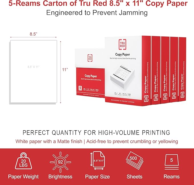 TRU RED Copy Paper, 8.5" x 11" Sheet Size, 92 Brightness, 20 lbs., Smooth Finish White Paper (500 Sheets/Ream)