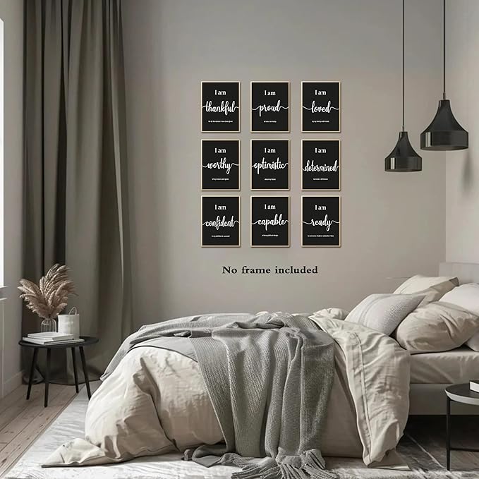 MJONG 9 Piece Inspirational Motivational Wall Art Prints – Unframed Black White Positive Affirmations for Office Classroom Bedroom Dorm or Teen Room Decor, Canvas‑Style Posters 8×10 inch