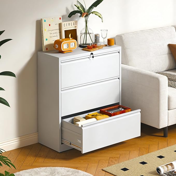 3 Drawer Lateral File Cabinet with Lock, Metal Lateral Filing Cabinet for Home Office, Steel Wide Horizontal Filing Cabinets for Letter/Legal/A4/F4 Hanging Files (White)