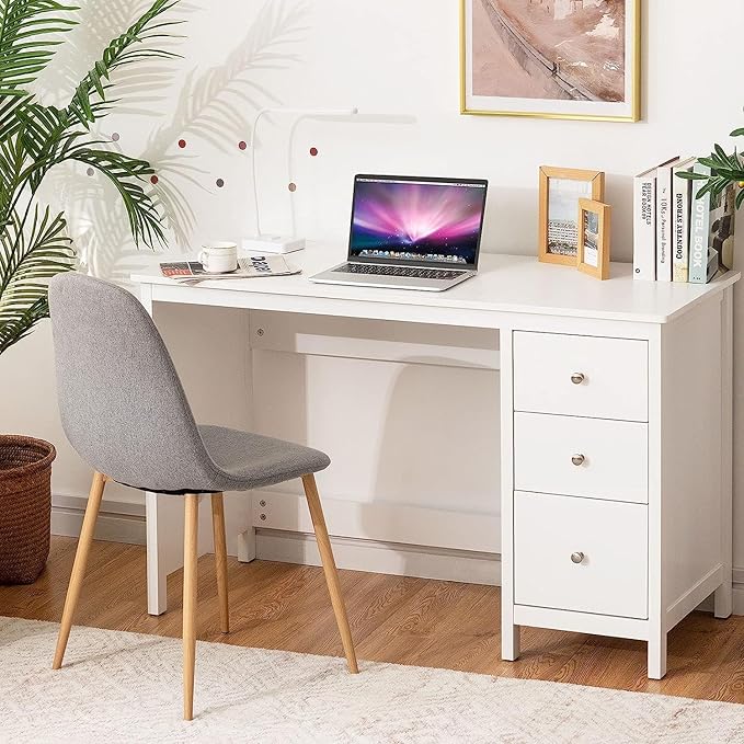 GOFLAME 3-Drawer Computer Desk, Study Desk with Spacious Desktop, Modern Writing Desk, Compact Laptop Desk, Multipurpose Workstation for Home Office, White