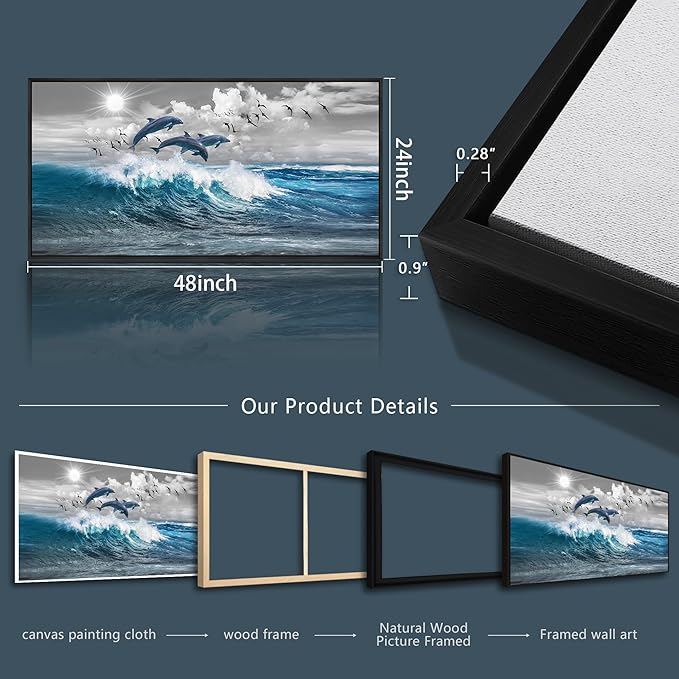 Black Framed Wall Decor For Living Room Large Size Canvas Wall Art For Bedroom Blue Waves Of The Sea Pictures Artwork Office Decorations Canvas Art Print Dolphins Wall Paintings Ready To Hang