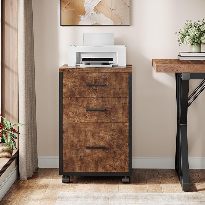 Triebsigns 3 Drawer File Cabinet, Vertical Mobile Filing Cabinet, Under Desk Rolling Printer Stand for Home Office, fits A4 or Letter Size (Brown)