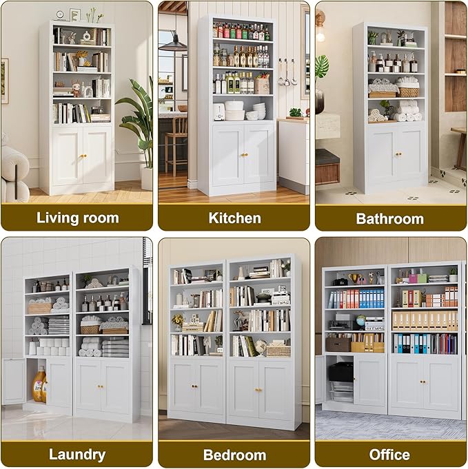 55" Metal Shelving Unit, Freestanding Storage Rack with Cabinet Doors,Heavy Duty Steel Shelving for Pantry, Kitchen, Closet, Garage,Home Office (White)