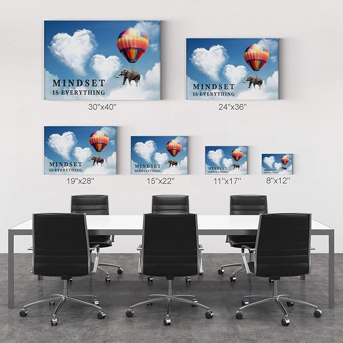 Smile Art Design Mindset is Everything Quote Elephant with Balloon Blue Sky Motivational Wall Art Canvas Print Inspirational Wall Art Entrepreneur Quote Office Decor Artwork Gift Ready to Hang 11x17