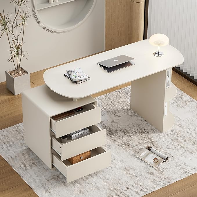 Qulomvs Desk with Drawers, 55inch Home Office White Desk with Drawers and Storage Shelves, Cream White Modern Simple Style Laptop Desk, Work Study Writing Table Workstation for Home Office