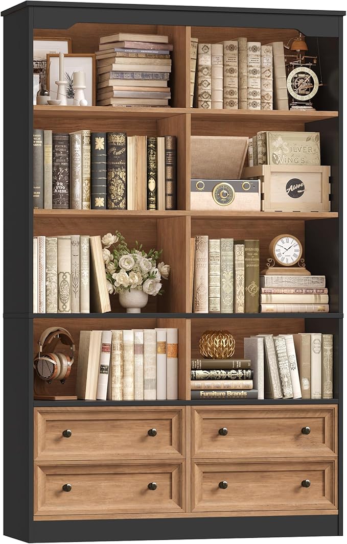 FINETONES 71" Tall Bookshelf with 4 Drawers, 6-Tier Double Wide Bookshelves and Bookcases with Storage, Tall Bookshelf Large Standing Book Cabinet for Home Office, Brown/Black