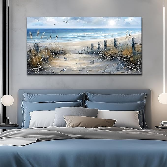 FUHAIHUA Canvas Decorations For Living Room Large Wall Art For Office Modern Bedroom Wall Decor Beach Wall Painting Blue Ocean Sea Wave Pictures Artwork Aesthetics Posters Home Decor 24X48 In