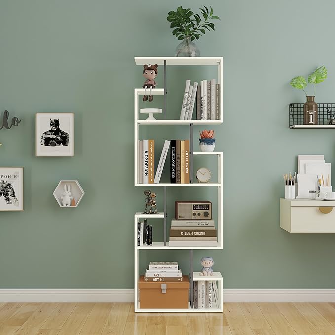 Manora 4 Tier Geometric Bookcase, S Shaped Bookshelf, Modern White Bookcase with Tall Display Shelves, Decorative Storage Shelf for Living Room and Bedroom