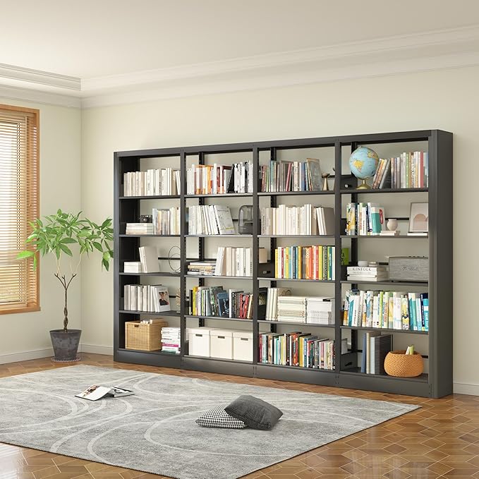 5-Tier Industrial Bookshelf, White Bookcases and Bookshelves, Tall Storage Organizer, Freestanding for Living Room, Bedroom, Home Office, Metal (Black, Bookshelf-4)