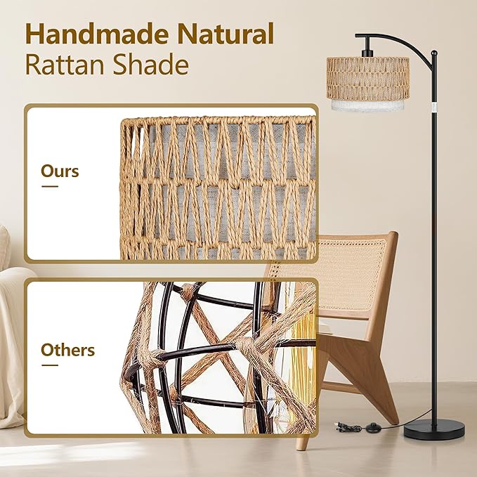 ROTTOGOON Arc Floor Lamps for Living Room, Boho Farmhouse Floor Lamp with Remote & Dimmable Bulb, Standing Lamp with Rattan & Fabric Shades, Adjustable Tall Lamp for Bedroom Office-Black