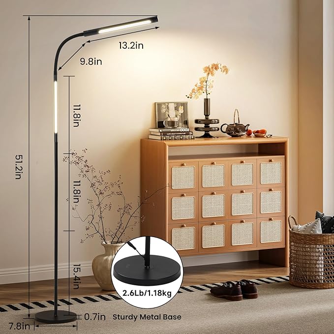 LED Floor Lamp for Living Room, Dimmable Standing Lamp with Remote Control, Stepless Dimming, Adjustable Color Temperature 3000K-5700K, with Adjustable Gooseneck, for Sturdy, Work, Reading