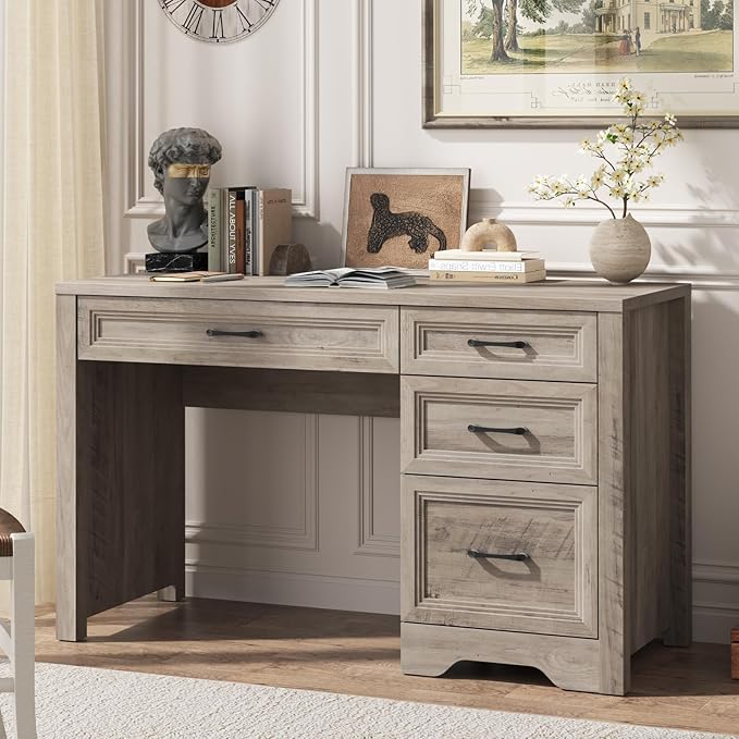 Vabches Farmhouse Executive Desk with Drawers, Home Office Desk with File Drawer, Wood Computer Desk with Ample Storage, Rustic Office Desk with Spacious Tabletop for Work, Grey