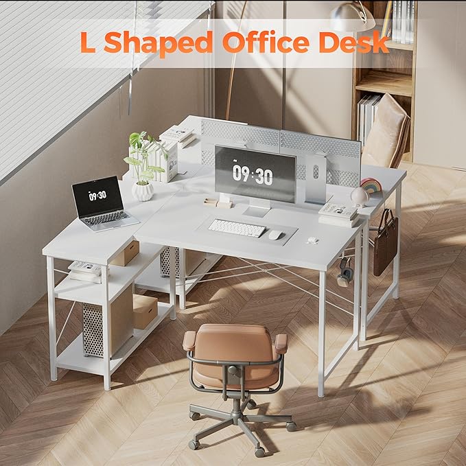 Mericonia Small L Shaped Computer Desk, Reversible Gaming Desk with Storage Shelves, Corner Gamer Desk Table, Study Writing Table
