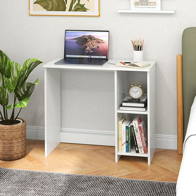 31.5 Inch Small Computer Desk, Wooden Desks for Home Office Small Spaces with Storage Shelves, Modern Simple Style Writing Study Work Desk, Compact White Desk