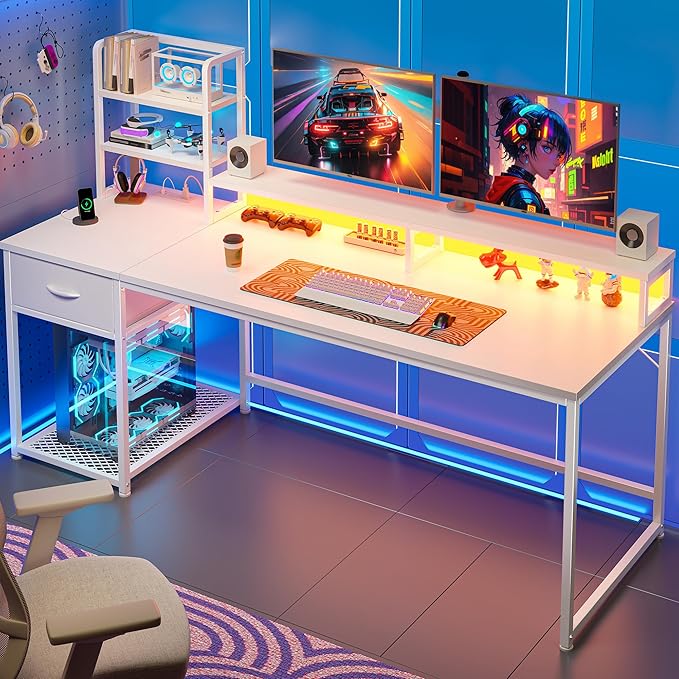 55 Inch White Computer Desk with Drawers and Hutch,Reversible Home Office Desk with Monitor Shelf,Gaming Desks with USB Power Outlets&Storage,Writing Study Table for Bedroom with LED Lights,White