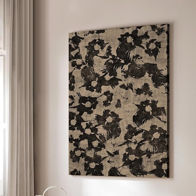 Framed Abstract Canvas Wall Art Neutral Abstract Floral Print Vintage Minimalist Modern Neutral Botanical Wall Art Hand Painted Black Blooming Flowers Artwork for Living Room Bedroom, Ready to Hang