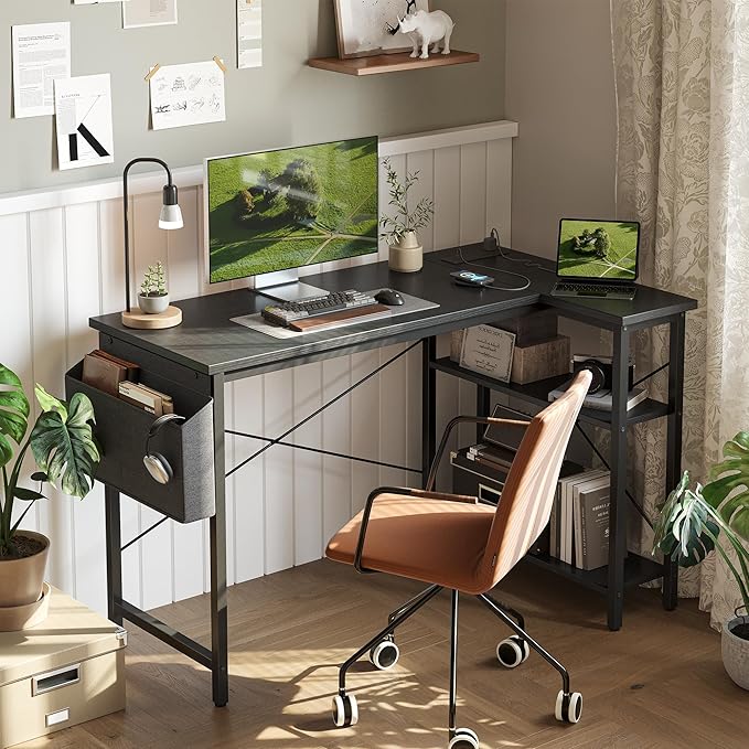 TIQLAB L Shaped Computer Desk with Power Outlets, 47 Inch Small Corner Desk with Reversible Shelves, Gaming Desk Computer Table Study Writing Table for Home Office Bedroom Small Space, Black