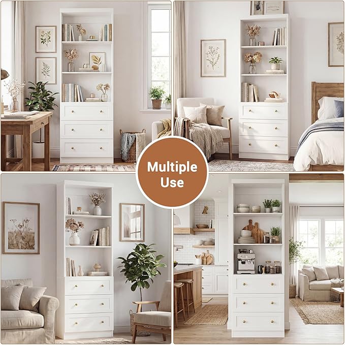 Cyclysio 80" Bookshelf with 3 Drawers, Tall Bookcase with Thickened Top Panel and 3-Tier Open Shelves, Tall Storage Cabinet for Home Office, Living Room, White, Set of 2