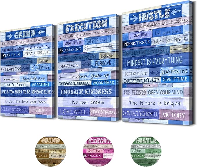 YOUHONG 3 Pieces Inspirational Wall Decor Quotes Motivational Wall Decor Motivational Posters Grind Execution Hustle Positive Office Artwork Office Art Easy to Hang for Room (20''Wx28''Hx3)