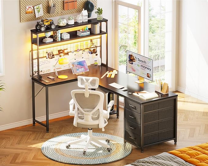 AODK L Shaped Desk Gaming Desk with LED Light & Power Outlet, 59 Inch Reversible L Shaped Computer Table with 4 Drawers for Home Office, Black