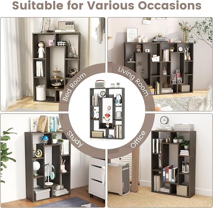 Tangkula 35.5” Geometric Bookshelf, Freestanding Wood Open Bookcase with 7 Cubes, Anti-Toppling Devices, Home Office Décor Rectangular Storage Shelf Display Rack for Study Living Room (1, Gray)