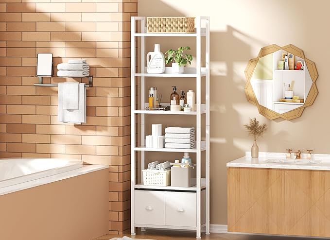 Furologee White 6 Tier Bookshelf with Drawers, Tall 71" Bookcase with Shelves, Modern Wood and Metal Bookshelves Storage Organizer, Display Free Standing Shelf Unit for Bedroom, Living Room, Office