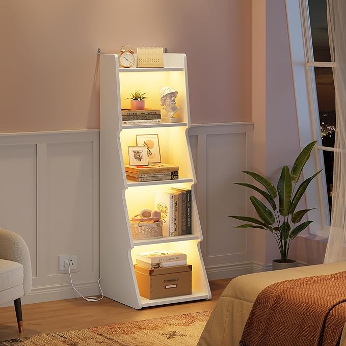 Hoctieon 5-Tier Open Bookcase and Bookshelf with LED Light, Floor Standing Display Storage Shelves, Wood Modern Display Organizer for Home Office, Living Room, Bedroom, Study, White