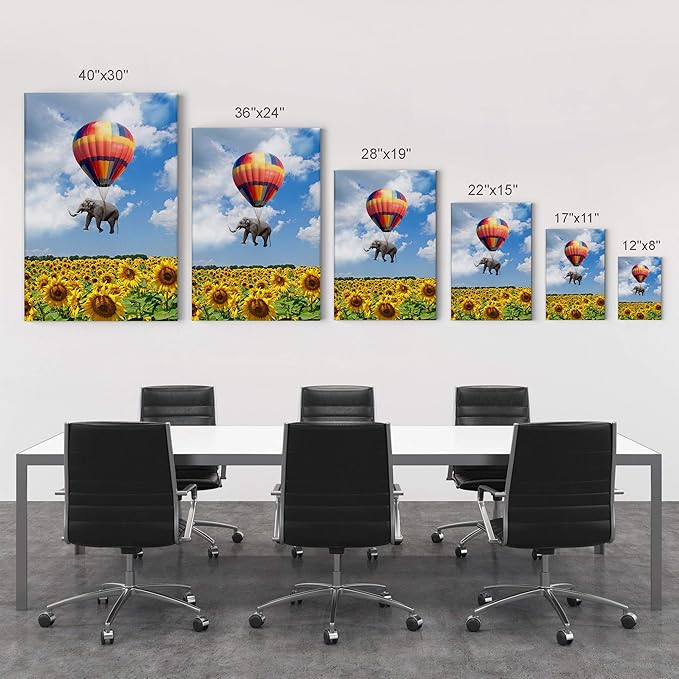 Smile Art Design Elephant with Balloon and Sunflower Field Motivational Wall Art Canvas Print Inspirational Wall Art Entrepreneur Quote Office Living Room Decor Artwork Gift Ready to Hang 28x19