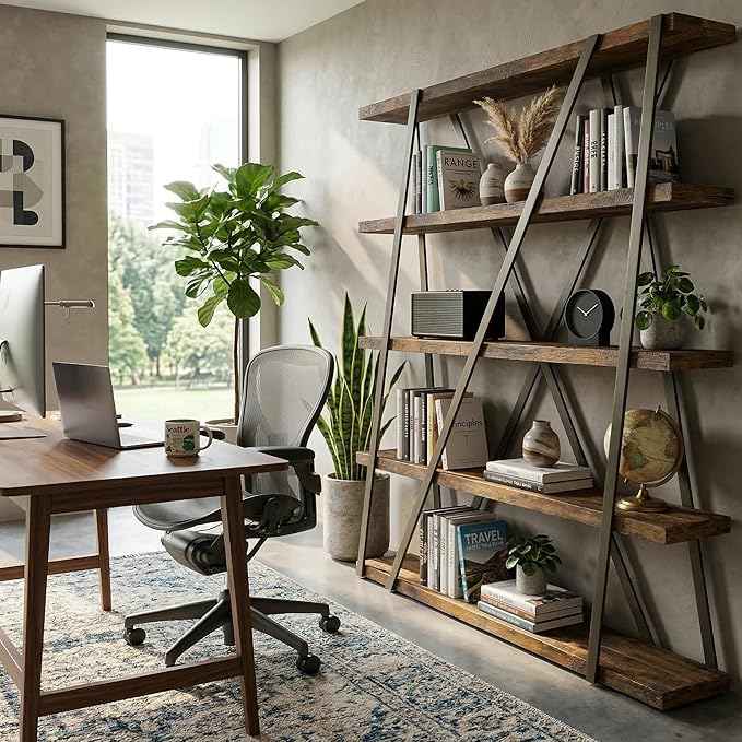 FUSUNBAO Unique 5-Tier Wooden and Metal Frame Bookshelf,Vintage Industrial Modern Style Tall Bookcase,67 "H x 12 "W x 47" L,Rustic Large Wooden Shelf,Display Shelf for Home Office,Retro Brown