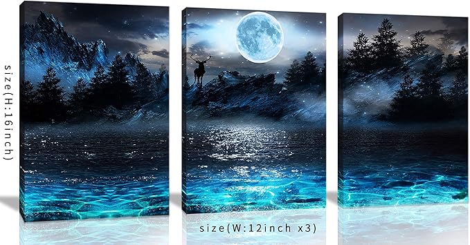 Wall Decorations For Living Room Moon Deer Ocean Landscape Picture Teen Room Decor Wall Art For Bedroom Modern Decor 3 Piece Framed Ready To Hang Moon Wall Art 3 Piece Wall Art Size 12x16 Each Panel