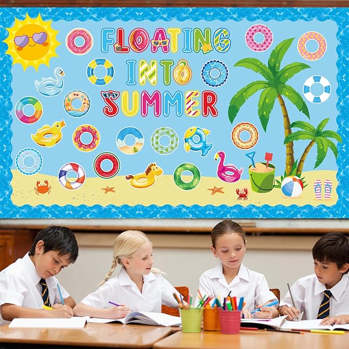 Summer Swim Ring Bulletin Board Decorations Floating Into Summer Cutouts Hawaiian Tropical Theme Swim Ring DIY Photo Craft Bulletin Board Set for Classroom School Office Home Wall Decor Supplies