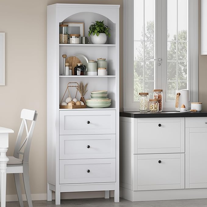 Bookshelf with Drawers, 71" Tall Wood Bookcase with Adjustable Shelf, 24" Wide Arched Book Shelf, Floor Standing Display Storage Cabinet for Home Office, Study and Living Room, Modern White