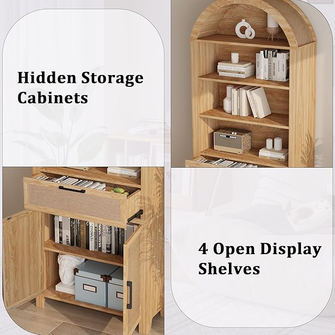 79" Tall Arched Bookcase with Storage, Mid Century Modern 6-Tier Cabinet with Door and Drawer, Arched Bookshelf with Open Display Shelf for Office Living Room (Natural, 79inch-Doors)