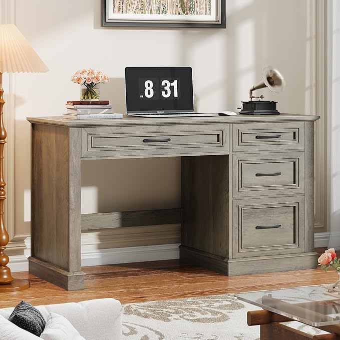 Farmhouse 47" Executive Desk, Computer Desk with Drawers and File Drawer, Workstation Computer Desk with Charging Station for Home Office,Study(Wash Grey)