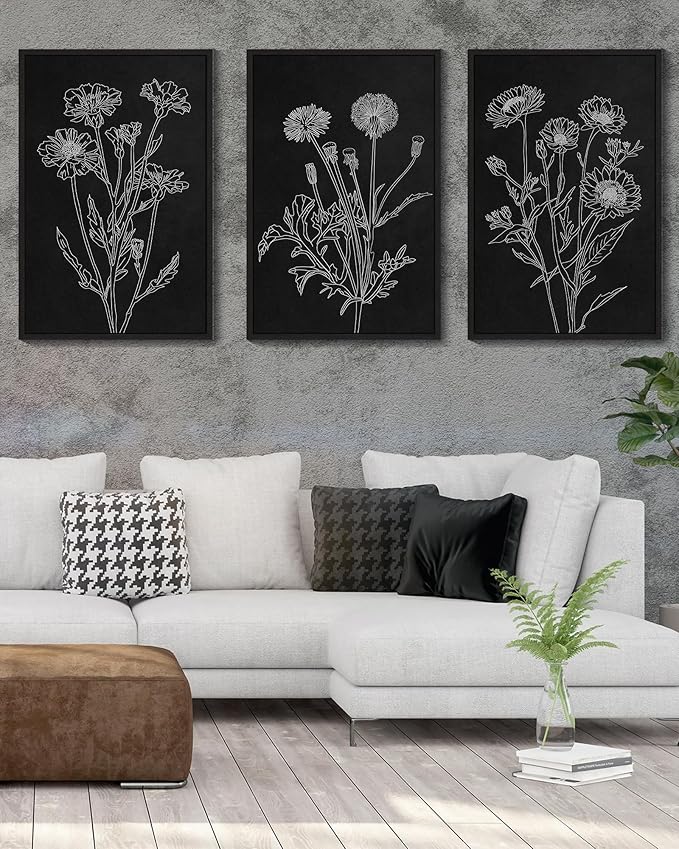 Drsoum Black White Flower Wall Art Vintage Minimalist Floral Wall Hanging Decor Bohemain Botanical Prints Artwork for Bedroom Living Room Hallway 24x36in Black Framed