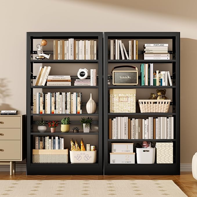 5-Tier Bookcase with Adjustable Storage Shelves, Heavy Duty Bookcase, Metal Bookshelf with Book Stopper, Black Bookcase Shelf for Library, Office, Living Room