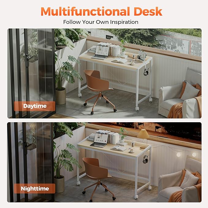 Mericonia 48 inch Rolling Computer Desk with Wheels, Gaming Desk for Small Spaces, Modern Simple Style Table for Home Office, Study Writing Table