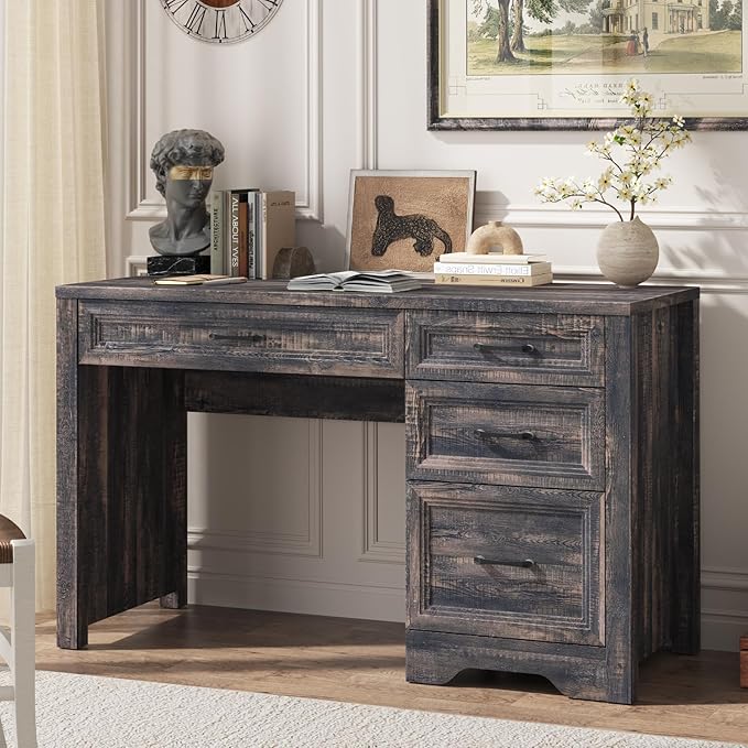 Vabches Farmhouse Executive Desk with Drawers, Home Office Desk with File Drawer, Wood Computer Desk with Ample Storage, Rustic Office Desk with Spacious Tabletop for Work, Dark Oak