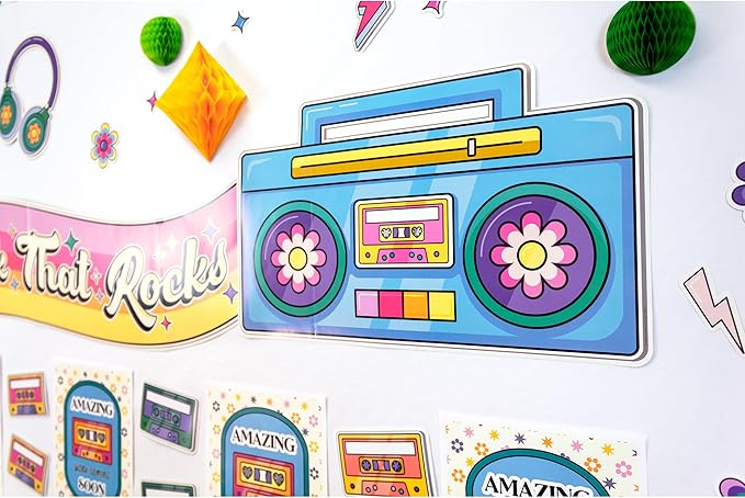 Happily Ever Elementary Retro Remix 79-Piece Work That Rocks Motivational Bulletin Board Set, Boombox, Cassette Tapes, Headphone, Flowers and More Groovy Bulletin Board Decorations for Classroom Decor