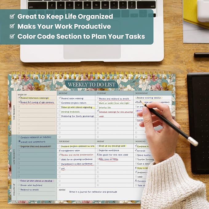 Weekly To Do List Notepad with 52 Undated Sheets(8.5"×11")- Undated Weekly Planner Notepad for Office Desk Accessories and Supplies - Teal Petals