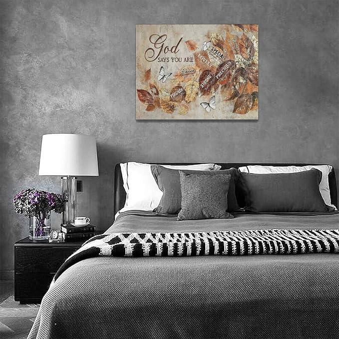 yerretin Fall Christian Leaves Wall Art Autumn Religious Pictures Wall Decor Rustic God Says Canvas Painting Modern Artwork Home Decoration for Living Room Bathroom Bedroom Office Framed 16"x12"