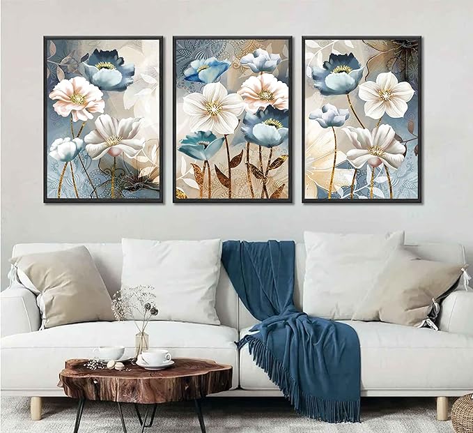 3 Pcs Modern Luxury Lotus Flower Canvas Wall Art White and Blue Floral Painting Pictures Wall Decor Posters Print Artwork for Living Room Bedroom Bathroom Office Home Decoration Unframed