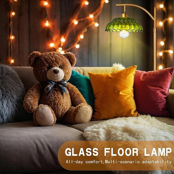 Dimmable Floor Lamp for Living Room, Mid Century Modern Standing Lamp with Green Lamp Shade, Vintage Tall Floor Lamps with Remote, Glass Corner Lamp for Bedroom Office, 12W Bulb Included
