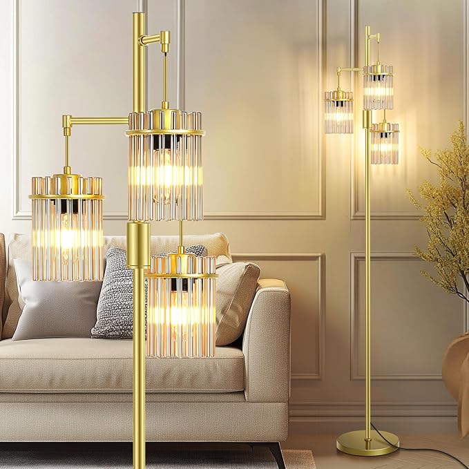 Industrial Modern Floor Lamps for Living Room, Dimmable Glass Tree Standing Tall Lamps with 3 Elegant Teardrop Cage Head & 800 Lumens LED Bulbs for Bedroom Office (65inch Tall)