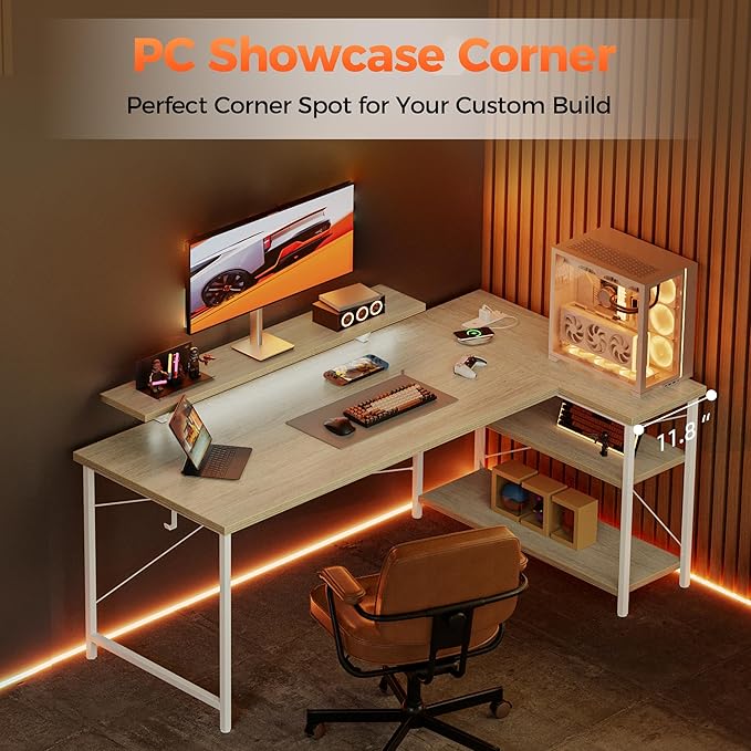 Mericonia Small L Shaped Computer Desk with Power Outlets, Reversible Gaming Desk with Storage Shelves & Monitor Stand, Corner Gamer Desk Table, Study Writing Table