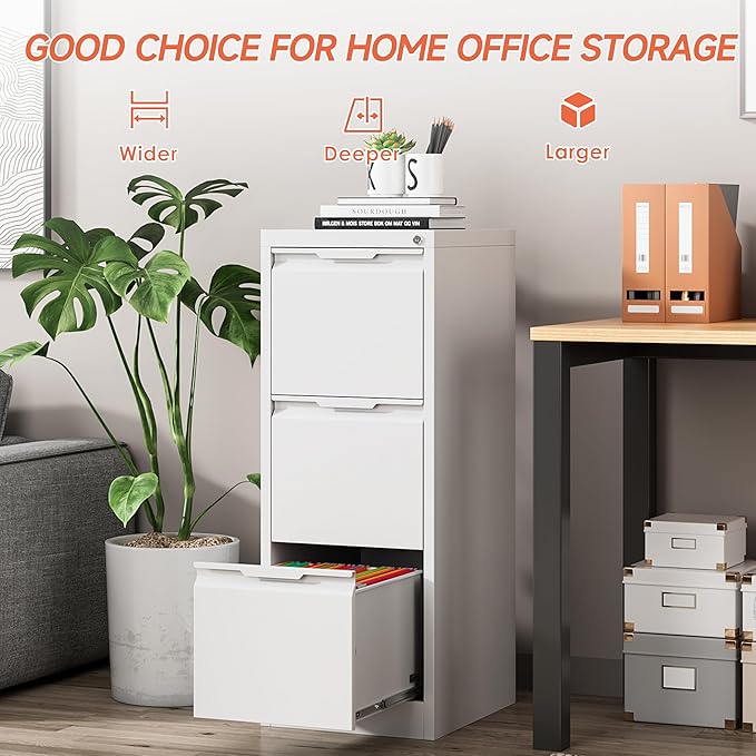3 Drawer File Cabinet with Lock, Printer Stand, Office Filing Organizer, for A4 and Letter Size Files,Assembly Required(White)